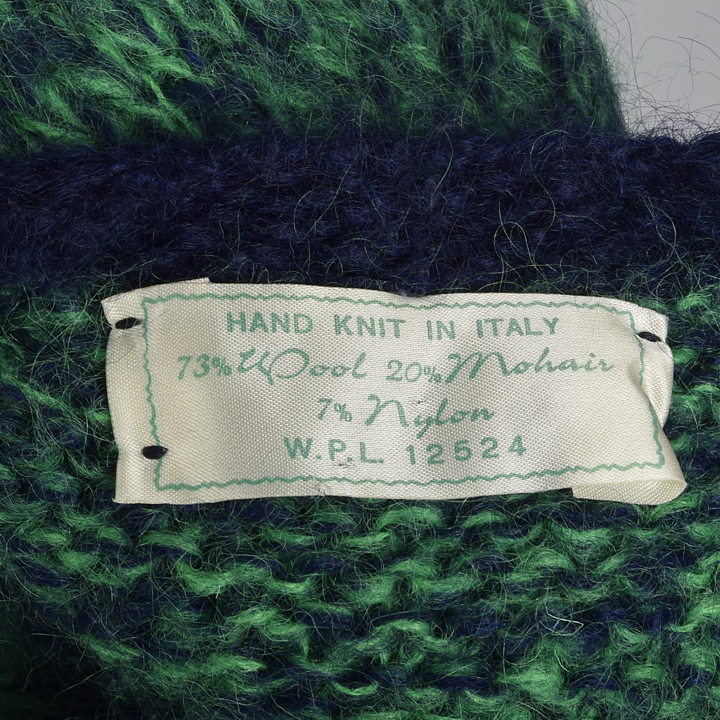 1950s Hand Knit Mohair Sweater in Green and Navy