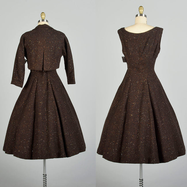 Small 1950s Wool Rainbow Fleck Set Brown Winter Jacket Dress Tweed Ensemble