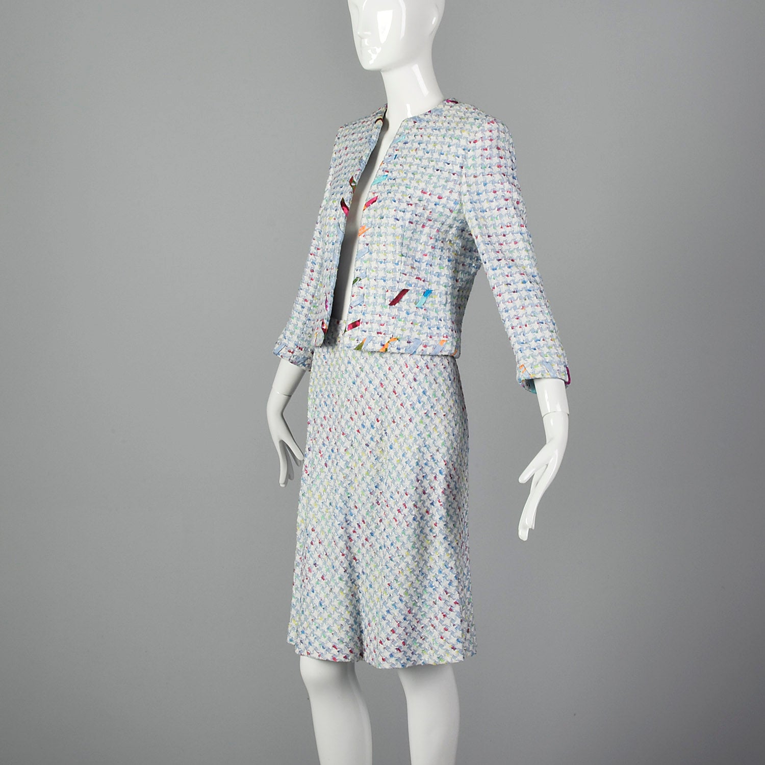 1990s Escada Pastel Plaid Skirt Suit