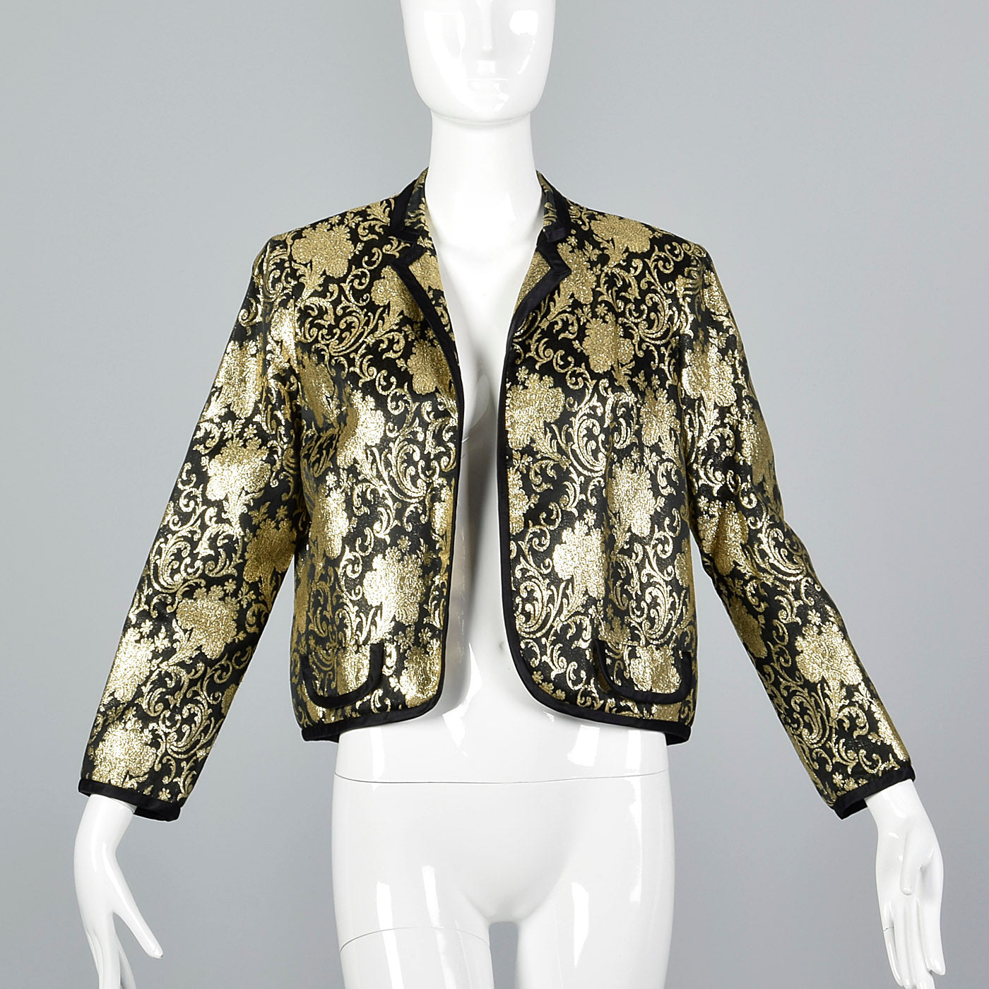 1980s Lillie Rubin Black and Metallic Gold Brocade Bolero Jacket