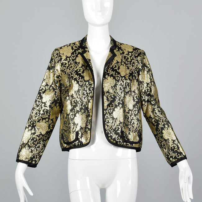 1980s Lillie Rubin Black and Metallic Gold Brocade Bolero Jacket