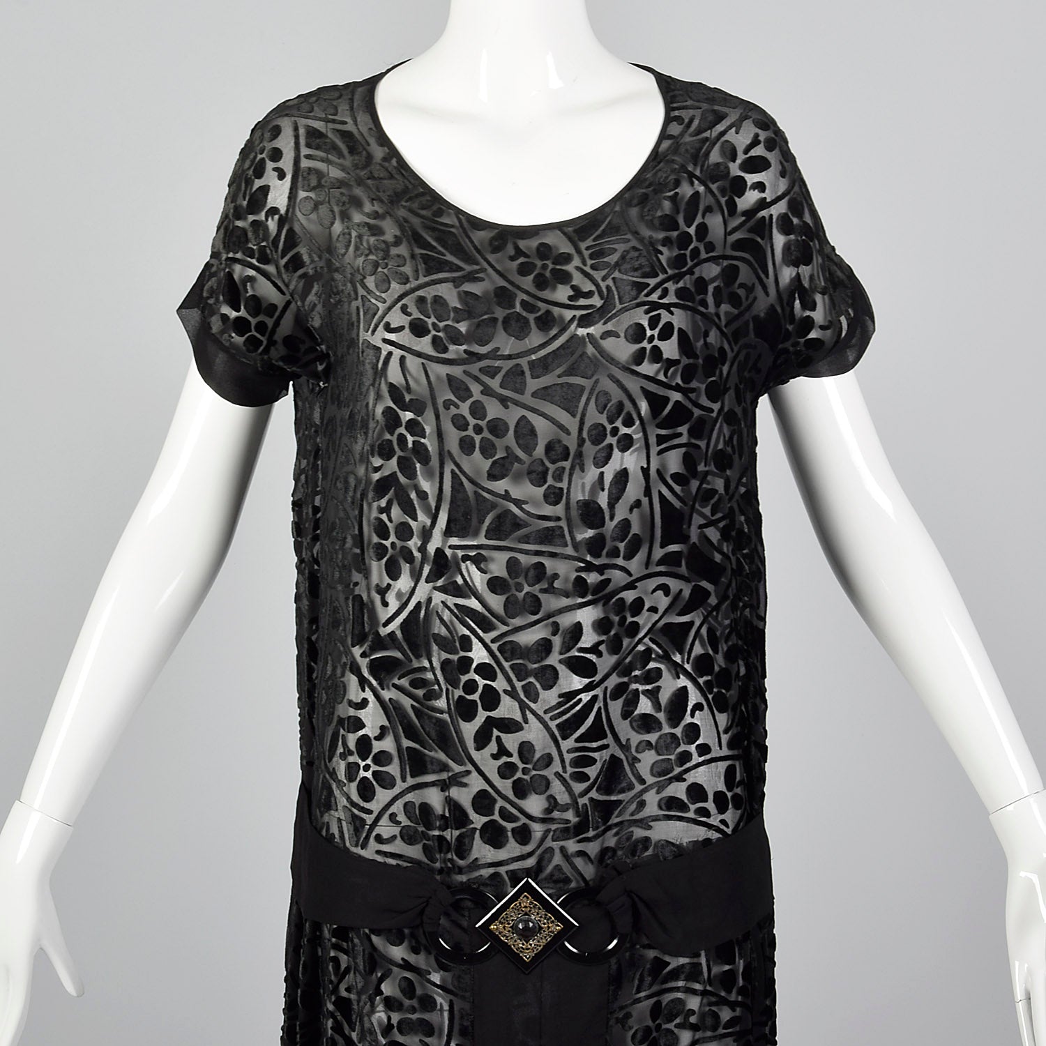 1920s Dress Black Velvet Devoré with Art Deco Buckle