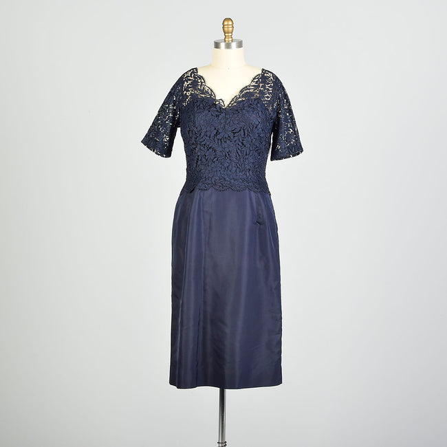 Large 1950s Navy Blue Cocktail Dress Illusion Neckline Lace Taffeta Evening Dress