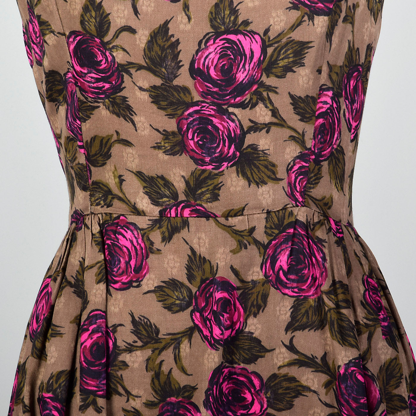 1950s Brown and Pink Rose Print Dress