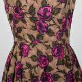 1950s Brown and Pink Rose Print Dress