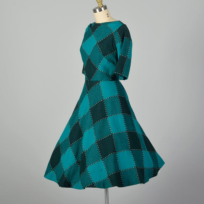 Small 1950s Green Buffalo Check Dress