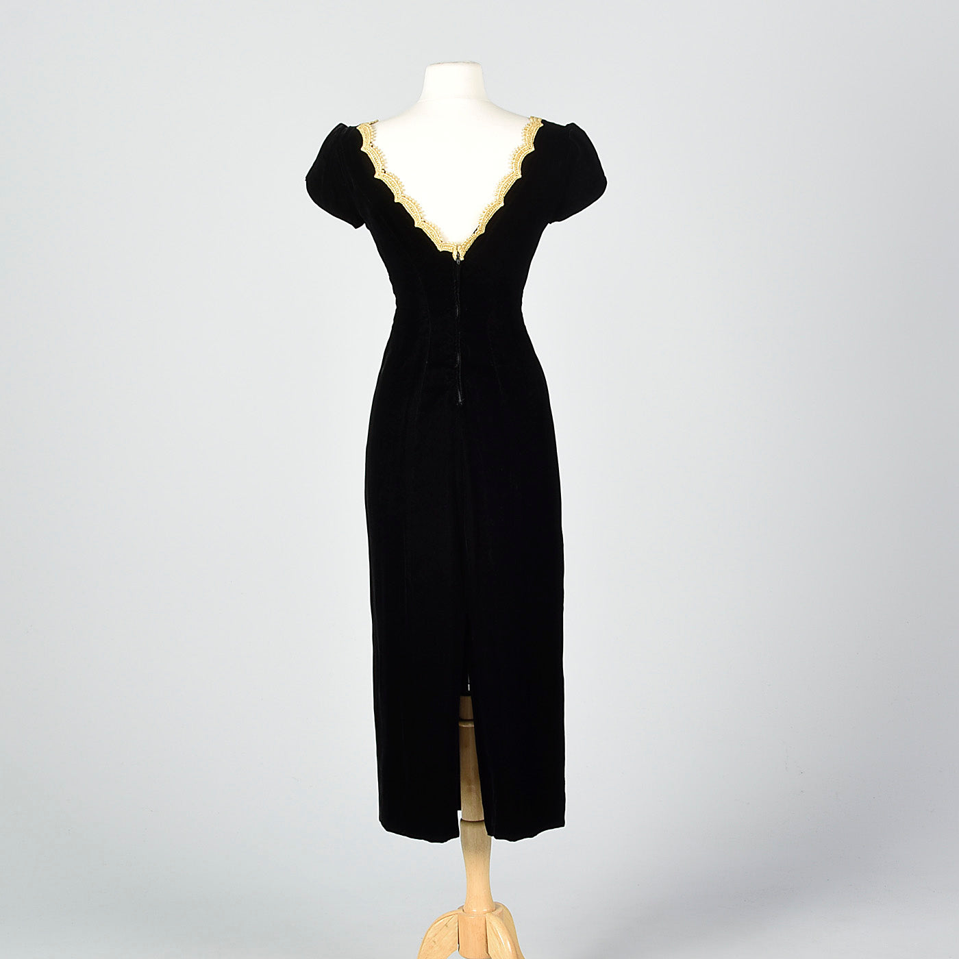 1950s Black Velvet Wiggle Dress with Gold Trim Collar