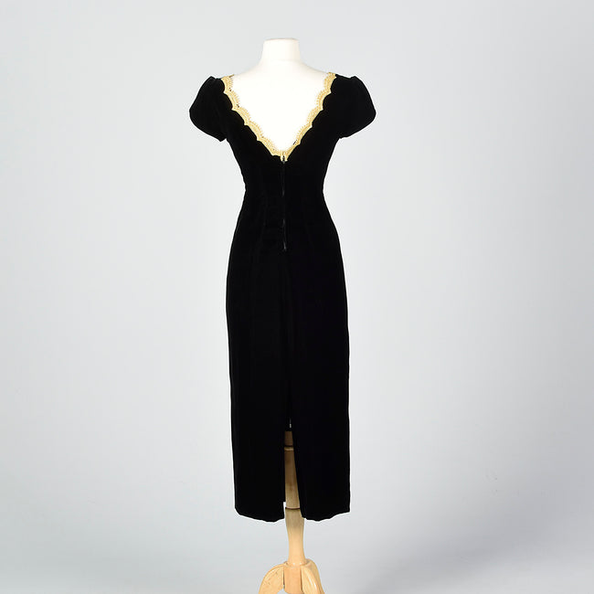 1950s Black Velvet Wiggle Dress with Gold Trim Collar