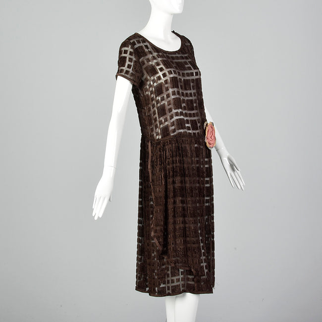 XS 1920s Sheer Brown Silk Devore Dress