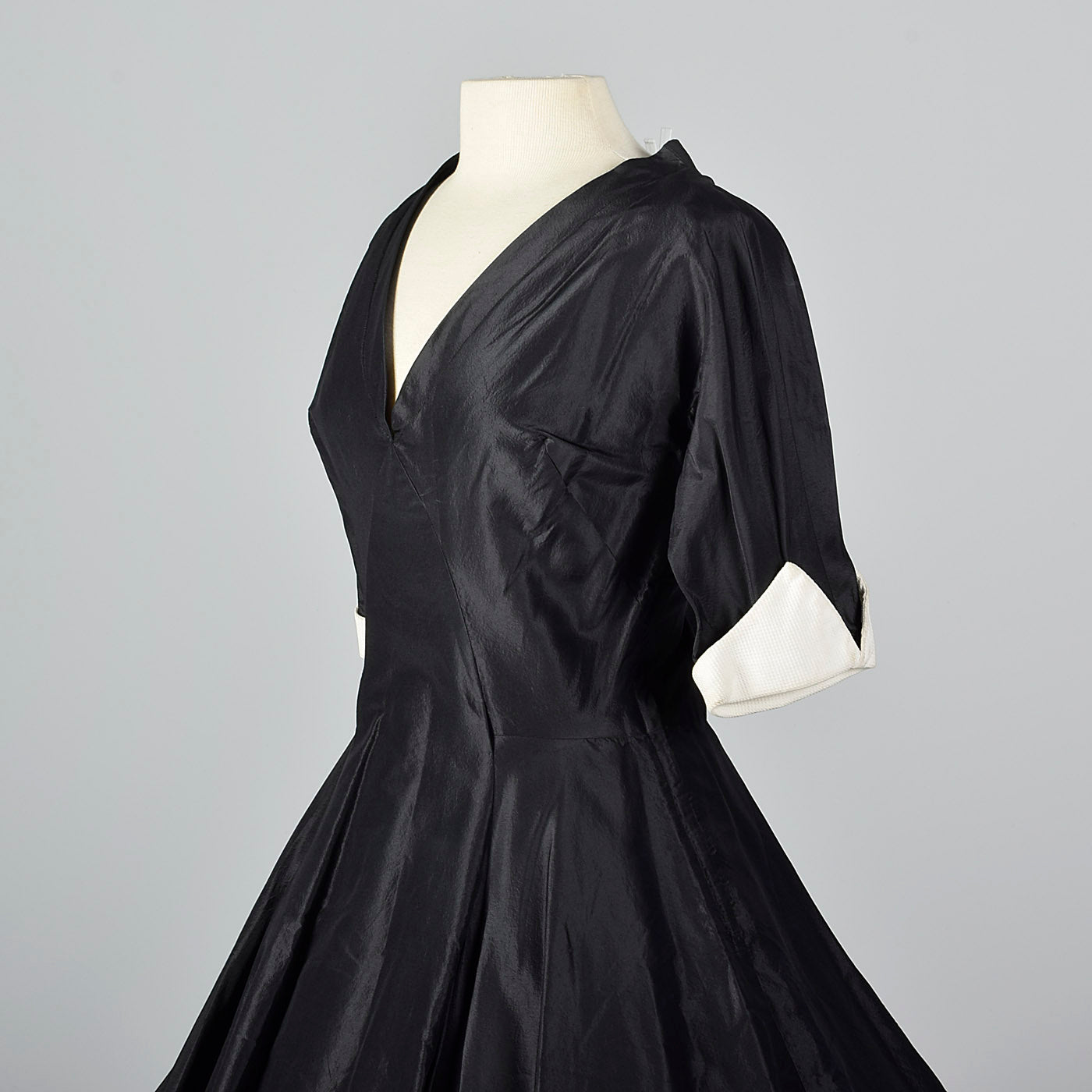 1950s Black Taffeta Party Dress with White Cuffs