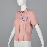 1940s Pink Rayon Blouse with Blue Embroidery