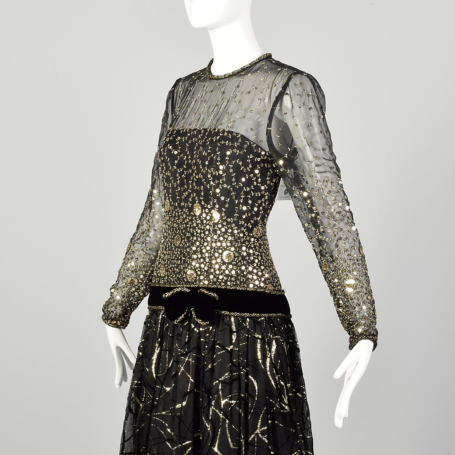 Small 1980s Dress Black Gold Sequin Formal Modest Long Sleeve Evening Style & Salvage Small 1980s Dress Black Gold Sequin Formal Modest Long Sleeve Evening Style & Salvage