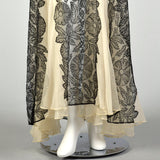 XS 1930s Old Hollywood Silk Gown Lace Black Ivory Panels Summer Sheer Flowy Sweeping Gown