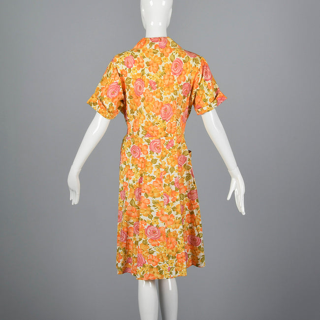 1960s Orange Floral Cotton Wrap Dress