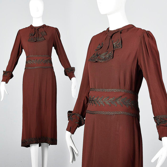 1930s Kathryn Vrooman Winter Day Dress with Funnel Cuffs & Soutache Trim