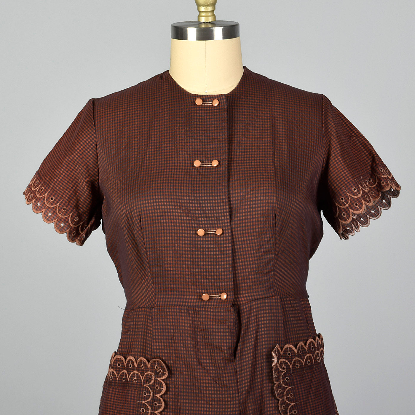 1950s Brown and Navy Gingham Day Dress
