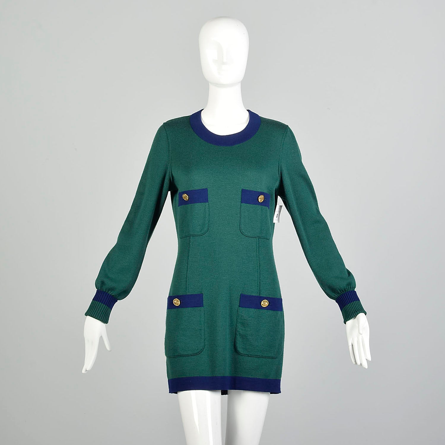 Chanel Boutique Autumn/Winter 1990/1991 Sweater Dress Green Navy Mini Long  Sleeve with Tags