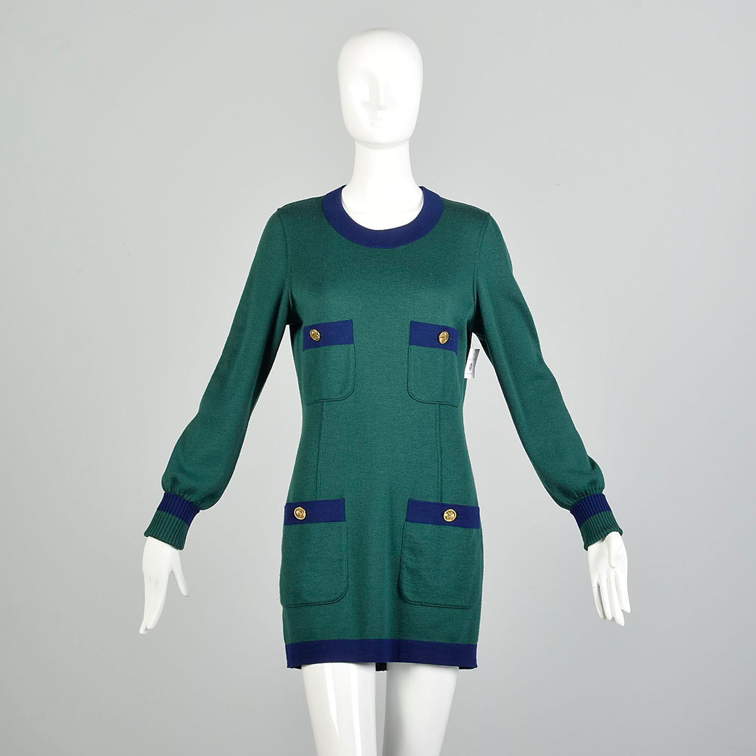 Chanel Boutique Autumn/Winter 1990/1991 Sweater Dress Green Navy Mini Long Sleeve with Tags