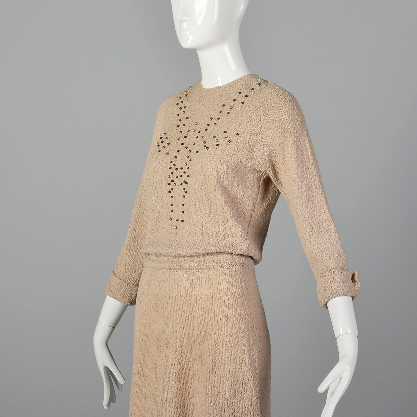 1940s Taupe Knit Dress with Beaded Bust