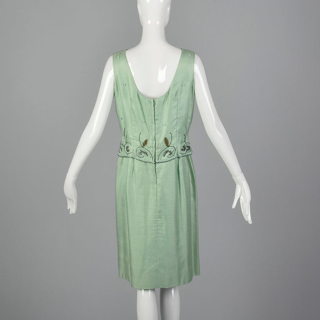 1960s Green Silk Dress with Faux Two-Piece Look