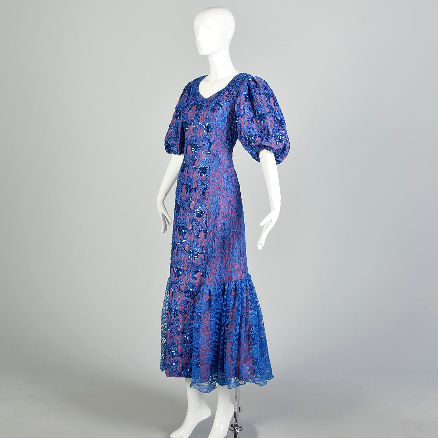 XL 1980s Mike Benet Formals Blue Sequin Lace Pageant Prom Formal Dress