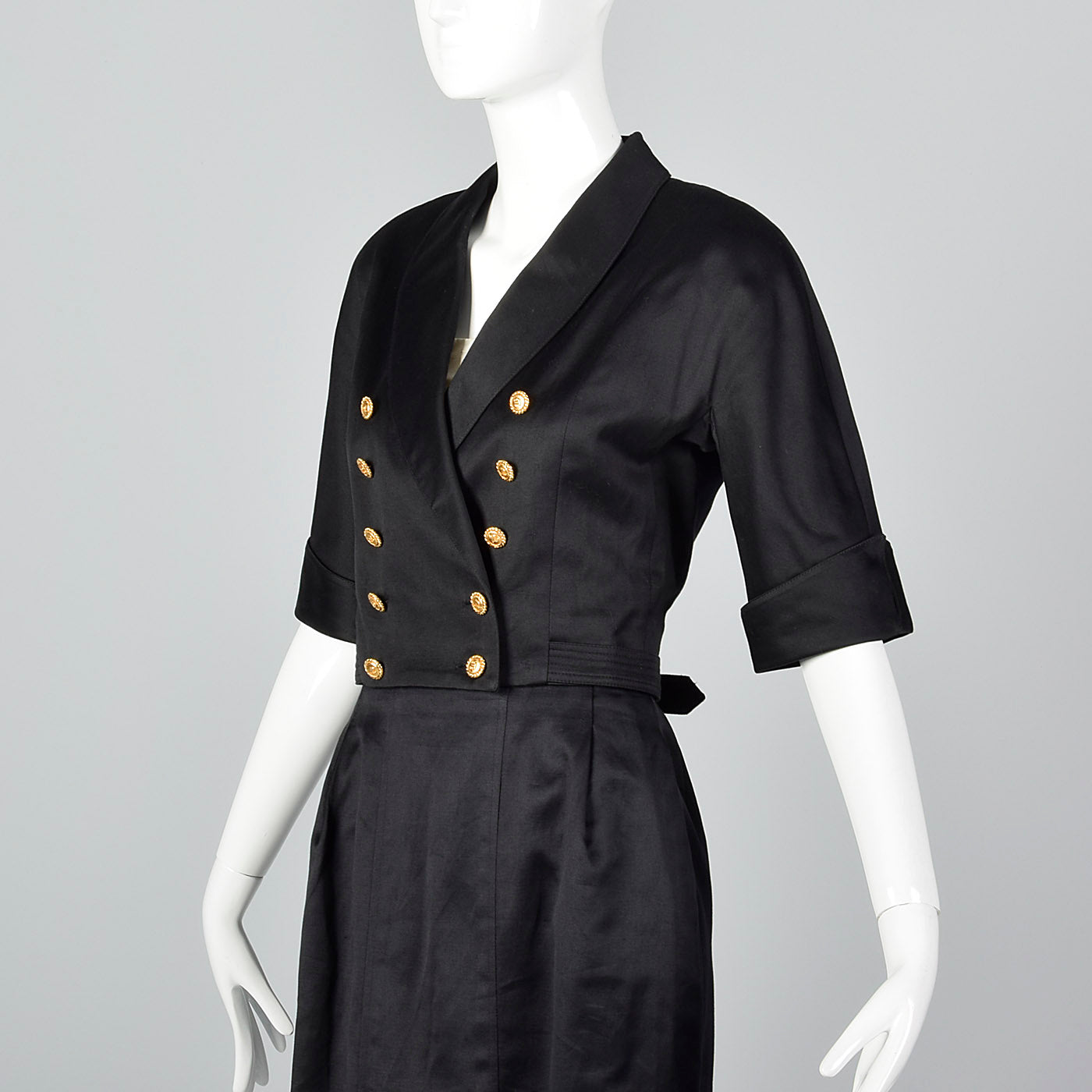 1980s Chanel Black Cotton Summer Skirt Suit with Gold Buckle Detail