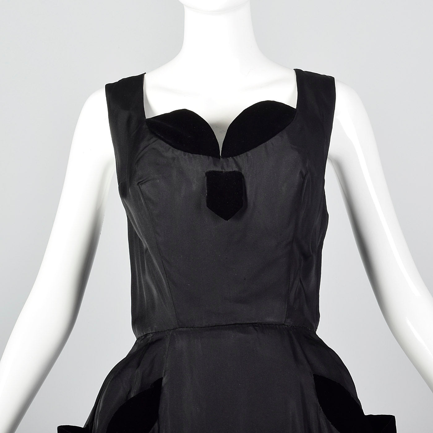 1950s Black Full Length Gown with Velvet Trim