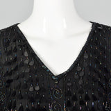 1970s Frank Usher Black Beaded Silk Dress