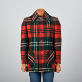 1970s Mens Wool Coat in Red and Green Plaid