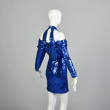 Small 1990s Blue Sequin Body Con Party Dress Long Sleeve Mini Dress Cold Shoulder Dress