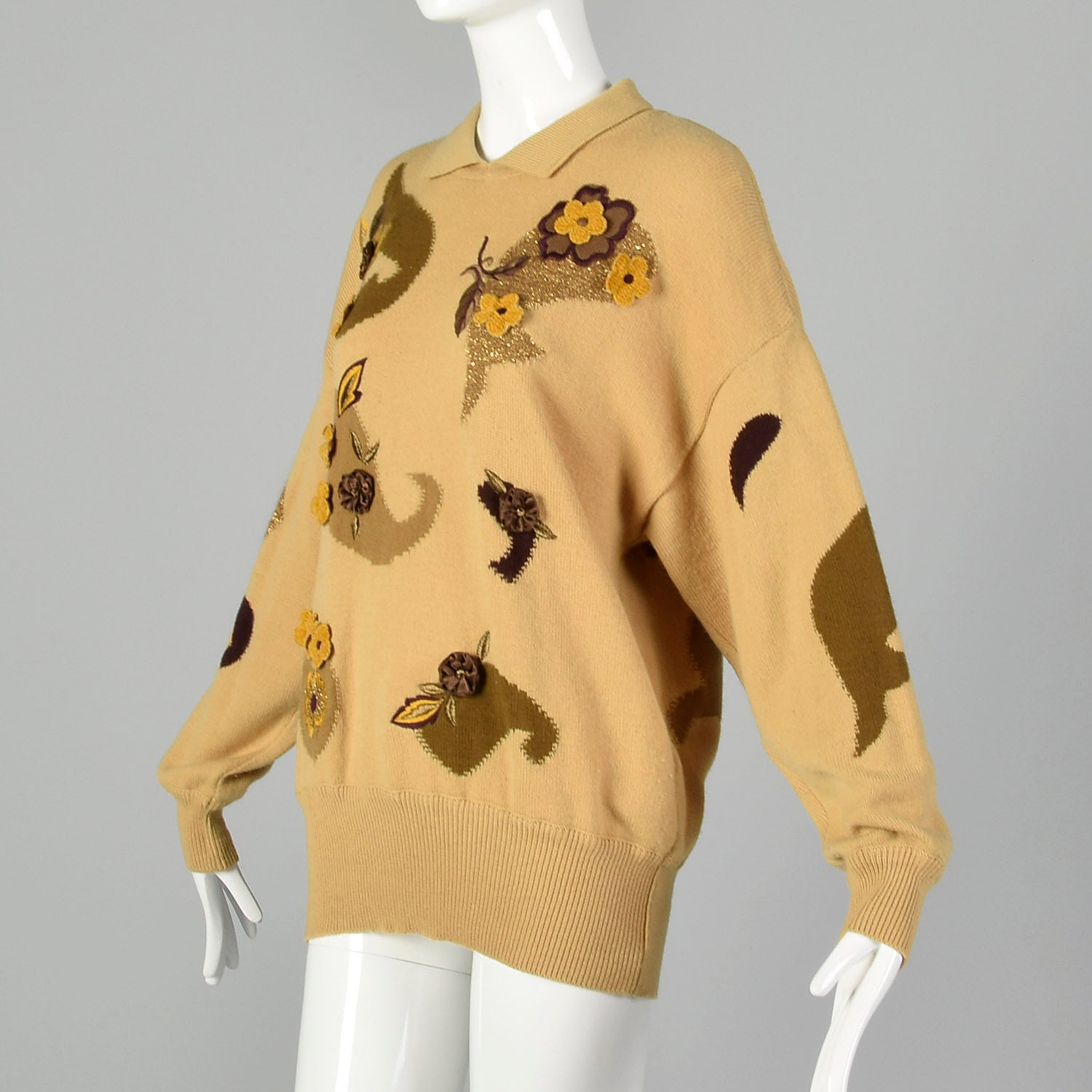 Large Escada 1980s  Tan Brown Sweater with Floral Appliques