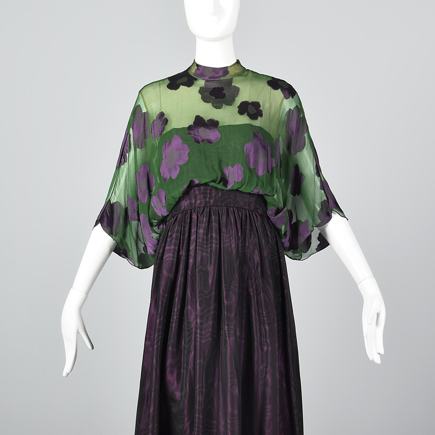 1970s Alfred Bosand Green Silk & Plum Purple Evening Gown