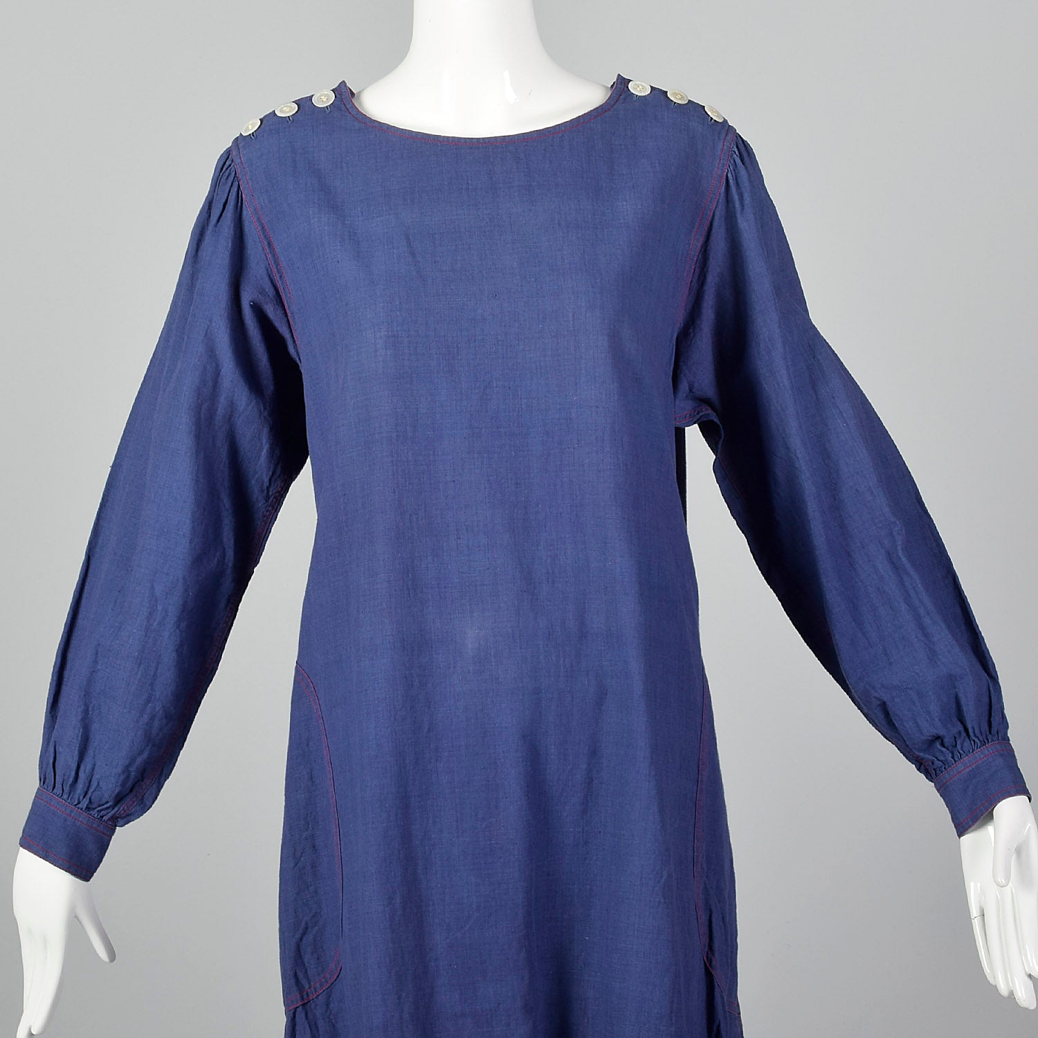 1970s Yves Saint Laurent Rive Gauche Loose Chambray Dress with Red Topstitch