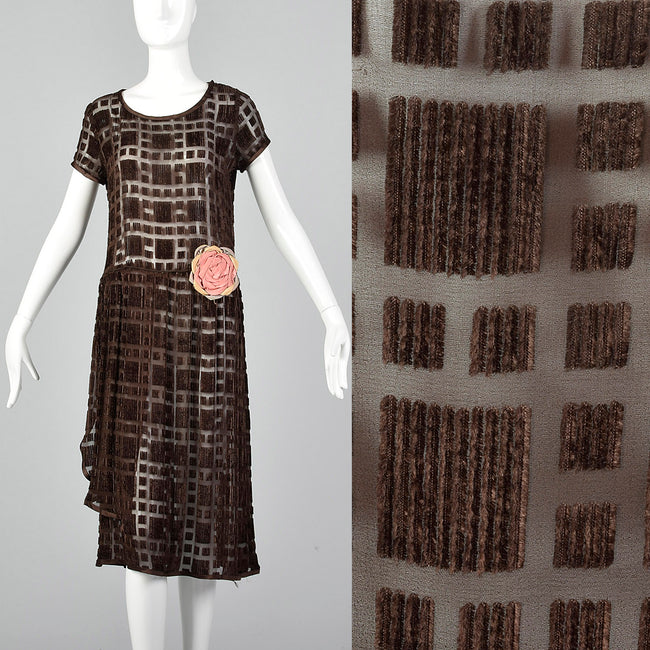 XS 1920s Sheer Brown Silk Devore Dress