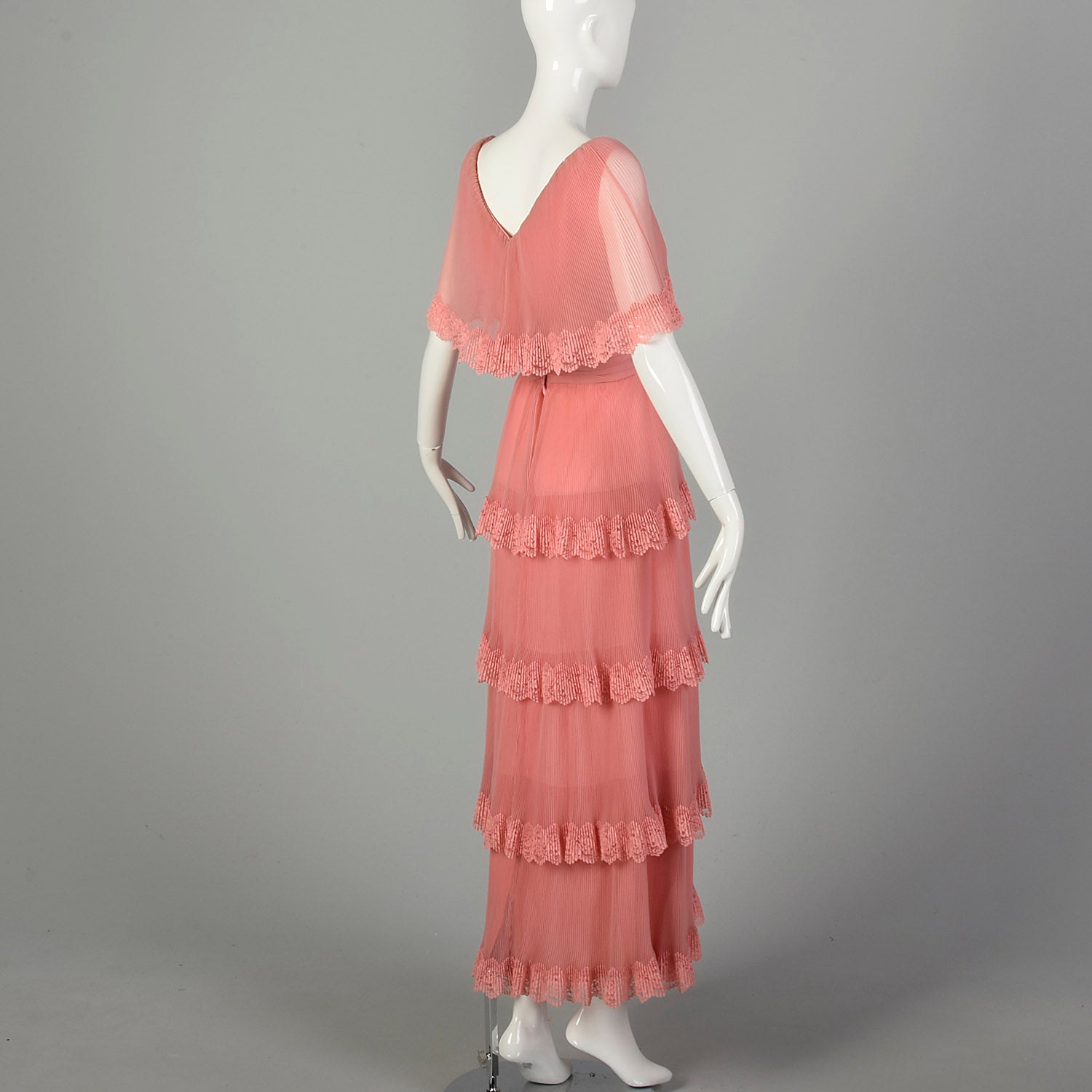 Medium 1970s Miss Elliette Dress Pleated Tiered Maxi Gown Pink Lace Capelet