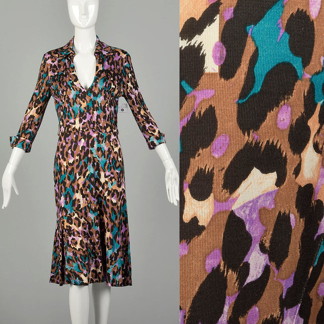 Medium Diane Von Furstenberg Animal Print Dress Silk Jersey Cuffed Sleeves