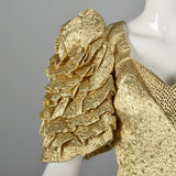 Medium 1980s Metallic Gold Lamé Evening Top with Ruffle Short Sleeves