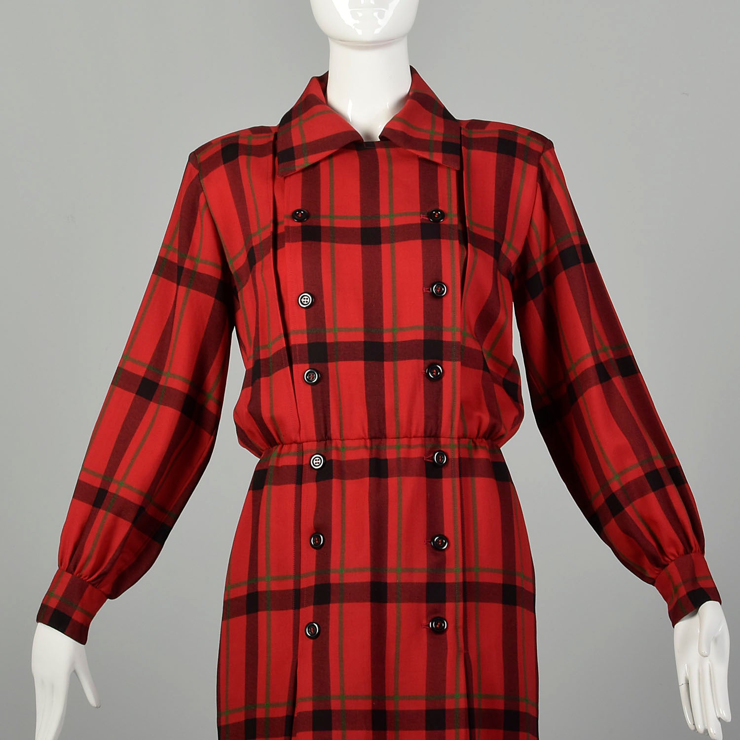 Small 1970s Yves Saint Laurent Rive Gauche Red Plaid Dress Double Breasted Long Sleeves
