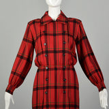 Small 1970s Yves Saint Laurent Rive Gauche Red Plaid Dress Double Breasted Long Sleeves