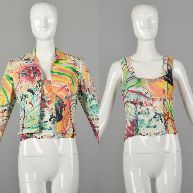 Alberto Makali Multi-Color Abstract Print Stretch Top and Matching Jean Jacket Set