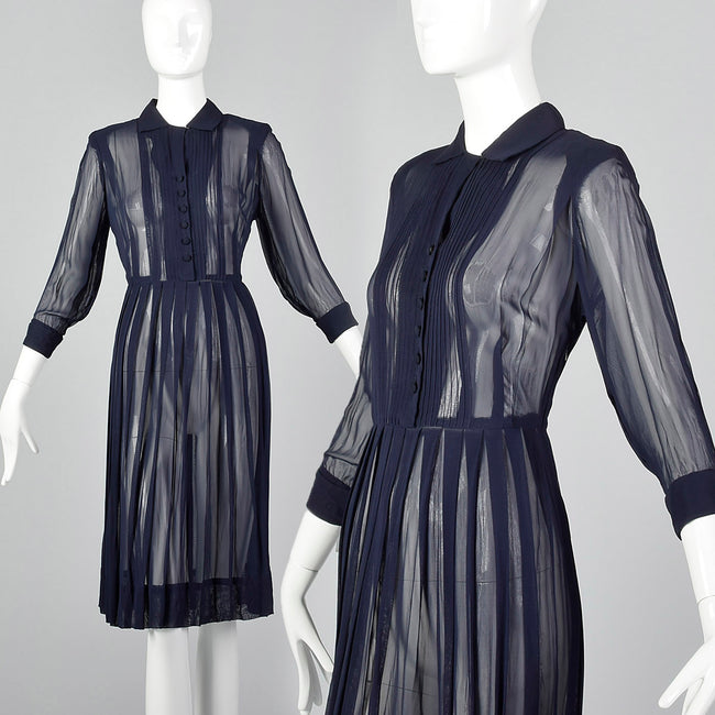 1940s Sheer Navy Blue Dress with Pleated Front