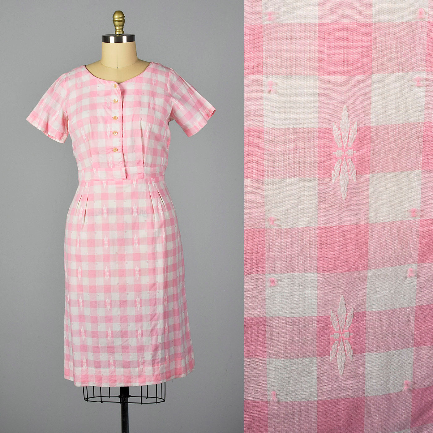 1950s Pink Gingham Pencil Dress