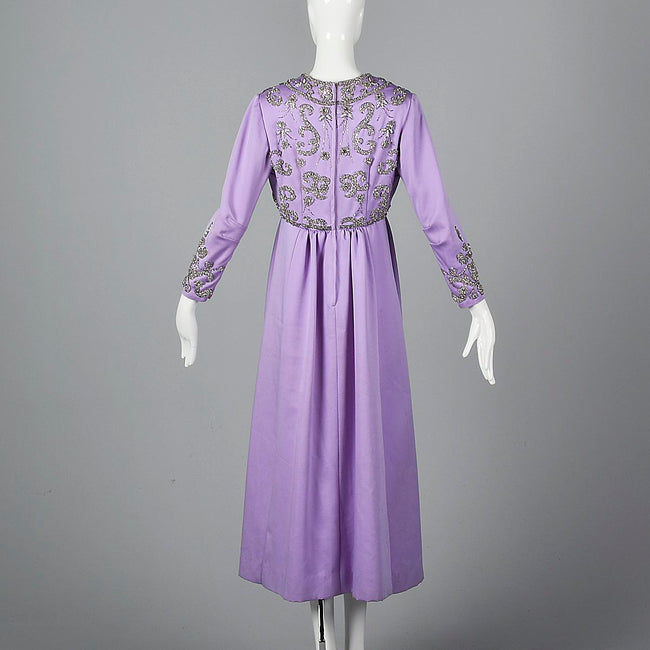 1960s Purple Statin Maxi Dress with Beaded Bodice