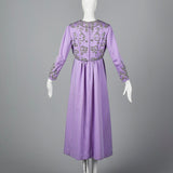 1960s Purple Statin Maxi Dress with Beaded Bodice