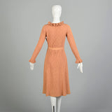 Medium 1970s Long Sleeve Peach  Knit Dress Scalloped Hem Ruffled Collar Cuffs