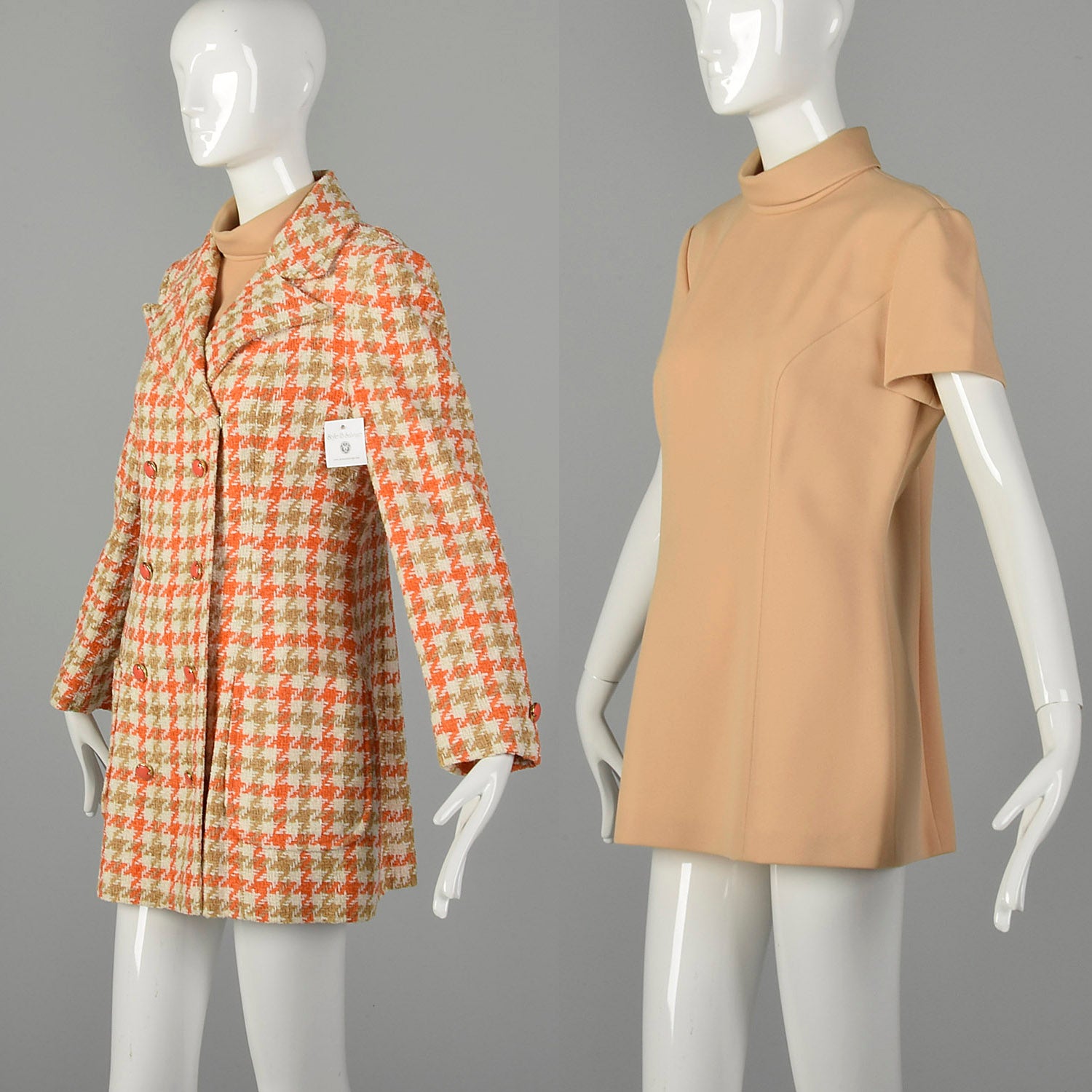 Large 1970s Blazer Set Lilli Ann Tweed Orange Tan Houndstooth Velour Tweed Jacket Mockneck Tunic Top