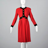 1980s Red Wool Dress with Black Velvet Trim