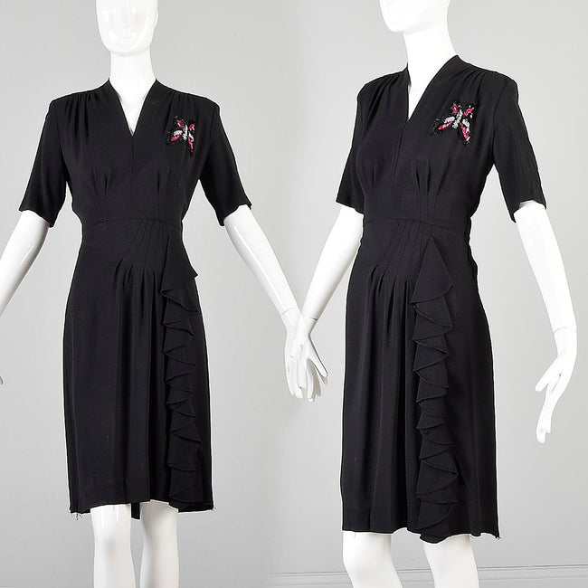 1930s Black Crepe Dress with Sequined Butterfly