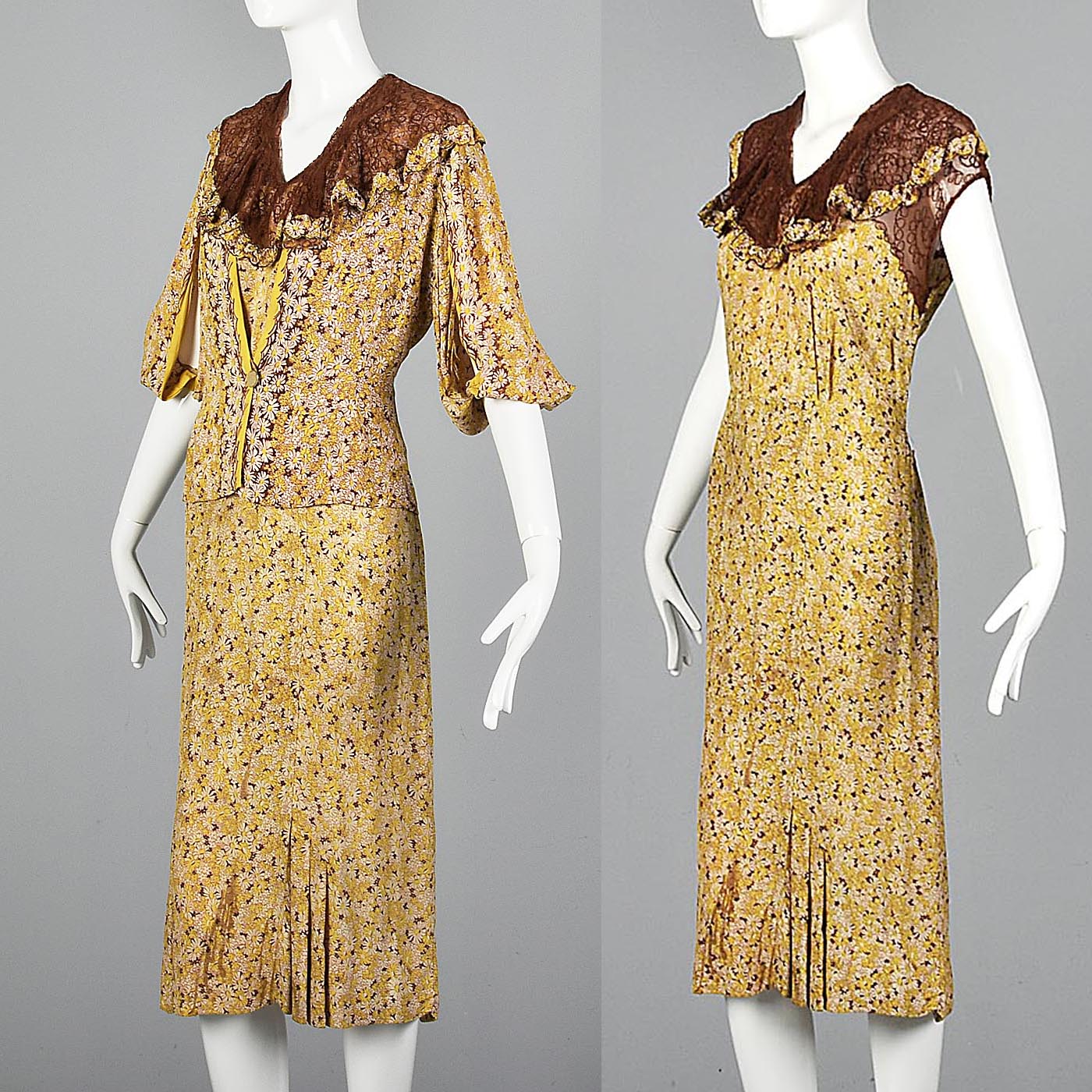 1930s Yellow Floral Dress with Open Sleeve Jacket