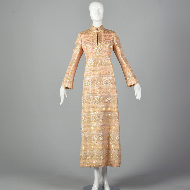Large 1970s Malcolm Starr Blush Pink Metallic Maxi Dress